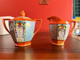 Vintage Made in Japan Lustreware Sugar Bowl & Creamer Set Art Deco Orange