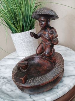 Hand-Carved Monkey Pot Wooden Ashtray Wearing the Coolie Hat Holding a Pipe. No Cracks