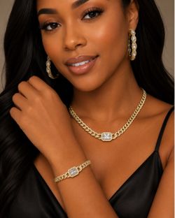 Gold Cuban Link Crystal Jewelry Set