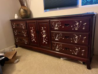 Asian Rosewood Dresser, wardrobe, nightstands, and stool. with Mother of Pearl Inlay