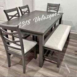 ✅️✅️6  pc grey finish wood dining table set padded seat  chairs and bench ✅️✅️