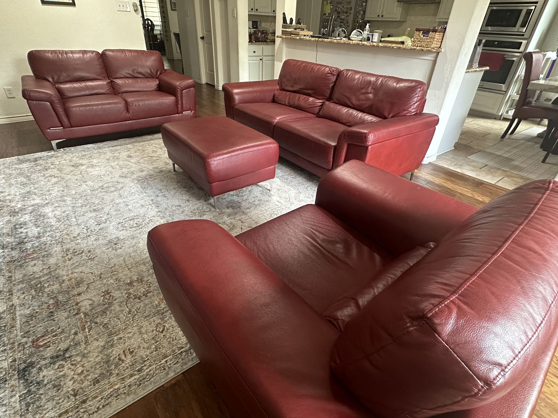 Red Leather Living Room Couch Set