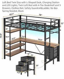 Twin Loft Bed with L-Shaped Desk and Storage