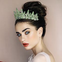 Crown Tiara Headband Silver-plated Metal with Green Crystal Rhinestones