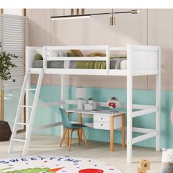 White Twin Size Wood Loft Bed With Ladder 