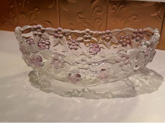 Vintage Mikasa Carmen Rose Clear Glass Floral Serving Bowl with Purple Accents