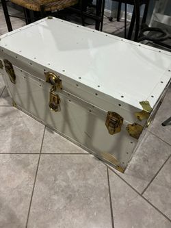 White Metal Storage Trunk with Brass Hardware