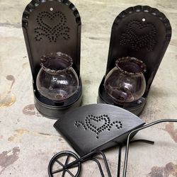 Vintage Homco Punched Heart Metal Sconce Pair & Matching Wheelbarrow Planter