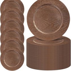MAONAME 50 Bulk Charger Plates — 13-Inch Faux Wood Chargers for Dinner Plates, Brown Farmhouse-Style Plate Chargers, Round Plastic Table Chargers for 