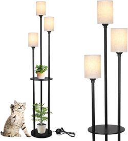 Floor Lamp with Shelves, Modern Floor Lamps for Living Room, 3-Lights Standing Lamp with Linen Shade and Foot Switch, Industrial Standing Lamps for Be