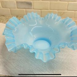 Vintage Fenton Blue Overlay Ruffle Bowl