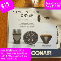 $15🌸Conair Hair Dryer 1875 Watt Smooth & Shine Dryer with 3 Attachments. Brand New. Only $15 !!!