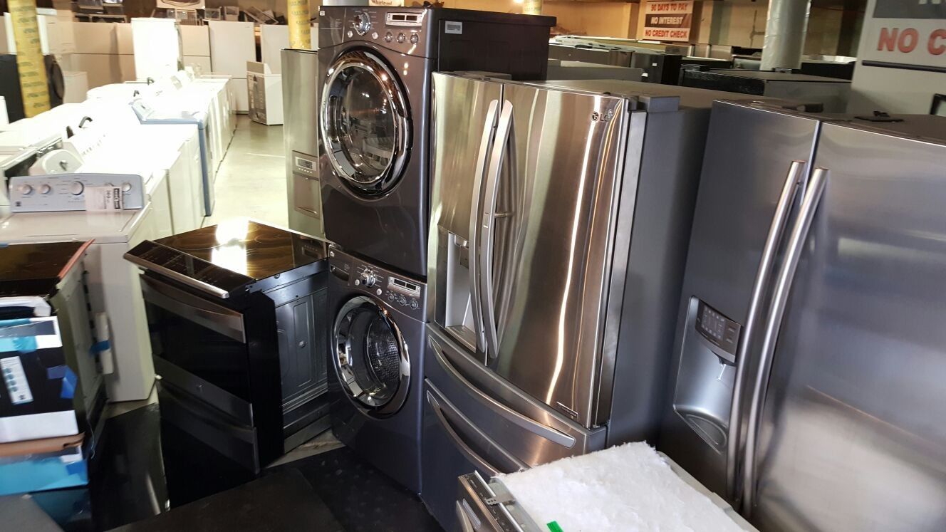 Affordable Warehouse Full Of Nice Lightly Used Refurbished Samsung LG Whirlpool GE Maytag Bosh Electrolux Frigidaire Washer Dryer Stove Oven Stackable