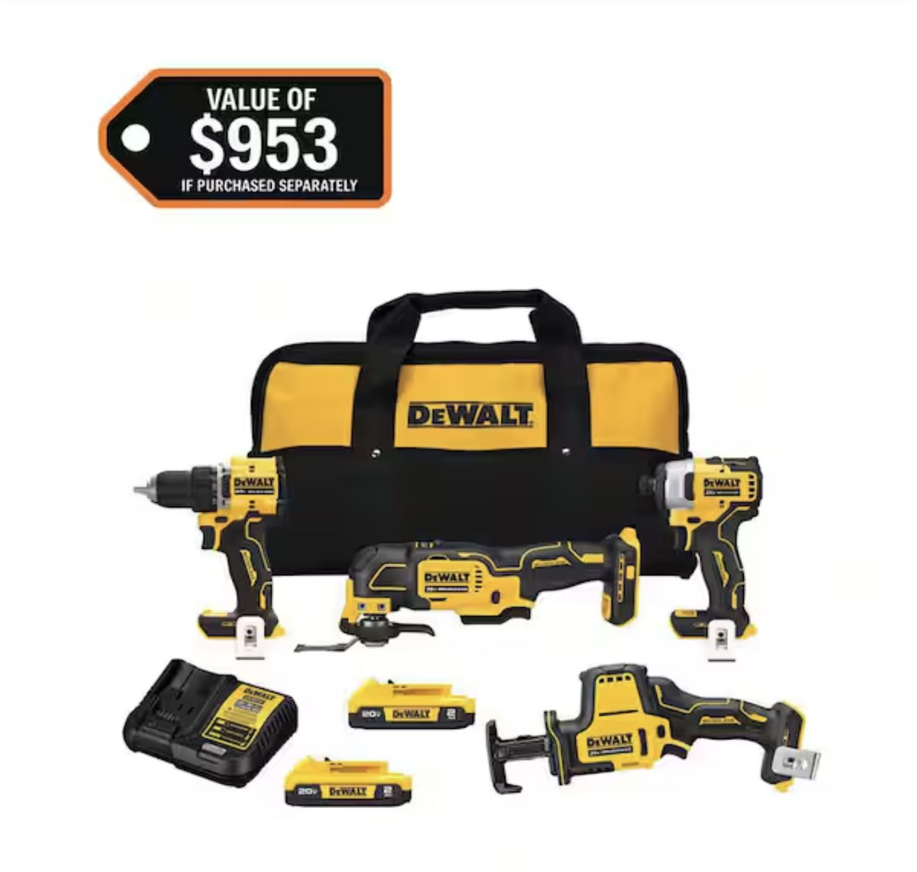 DEWALT ATOMIC 20-Volt Lithium-Ion Cordless Brushless Combo Kit (4-Tool) with (2) 2.0Ah Batteries, Charger and Bag