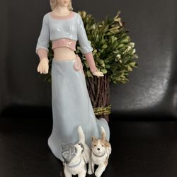 Japanese Porcelain & Bisque Statuette Young Girl Walking 2 Dogs Blue & Pink Half Shirt & Long Skirt 2004 YH