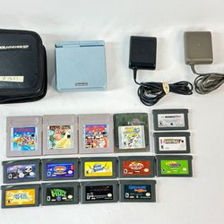 #1861 Nintendo Gameboy SP Advance Pearl Blue AGS-101 / Charger / 15 Games