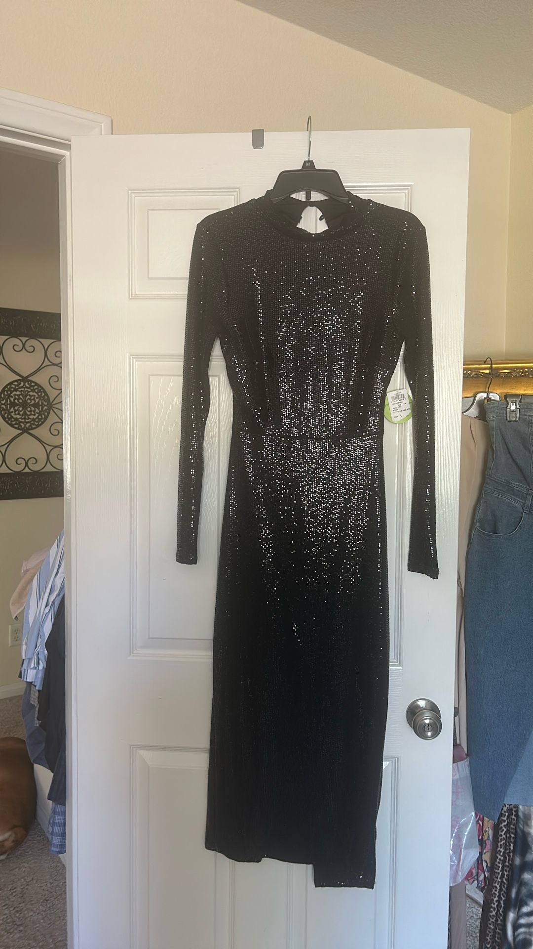 New # Formal Sequence, Black Dress Long Sleeve Size Large Open Back