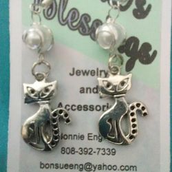 Silver Cool Cat Earrings, French Hook Pierced