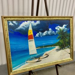 Vintage gold framed oil on canvas “Seaside sails” painting by Allee