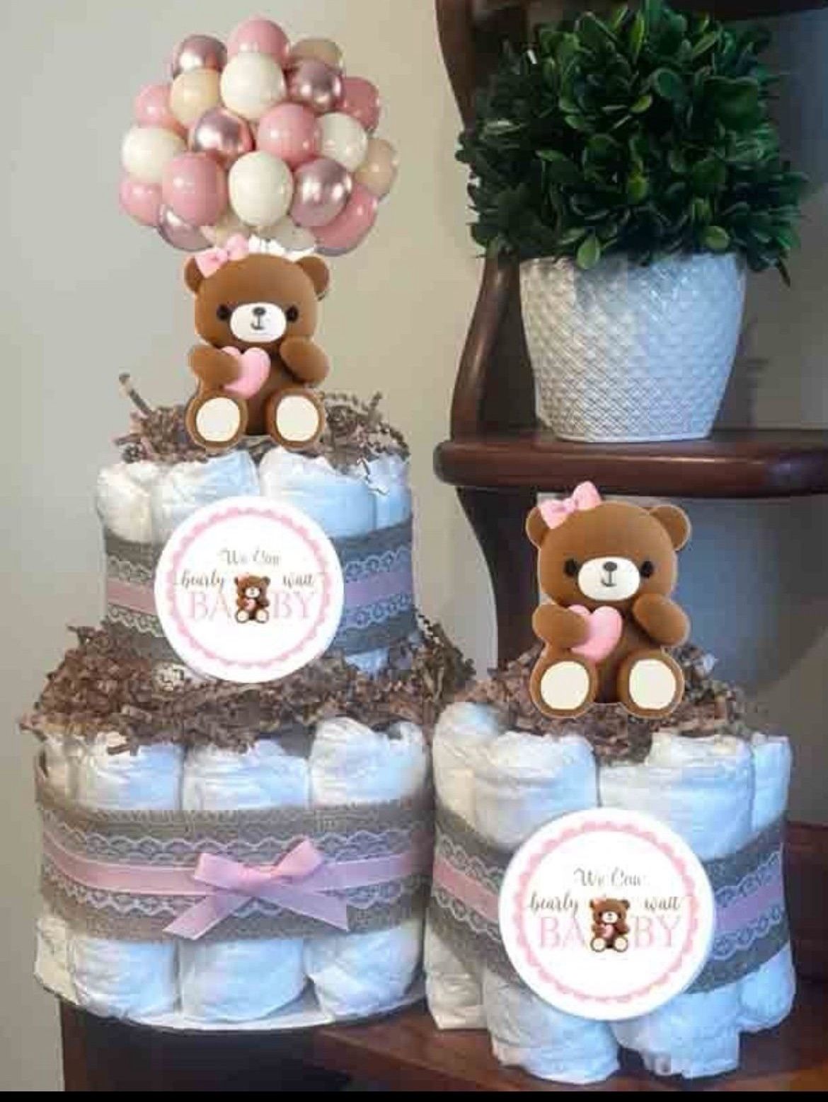 2 Pink Girl Teddy Bear baby Shower Diaper Cakes