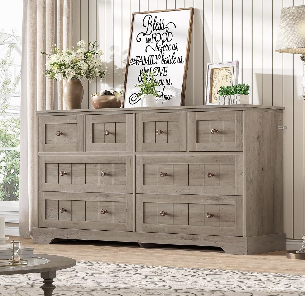 Gray 8 Drawer Dresser, 55.1" Wide Farmhouse Dressers Chest of Drawer, Wood Bedroom Dresser with Hand Carved Panel, Large Capacity Clothing Storage Org