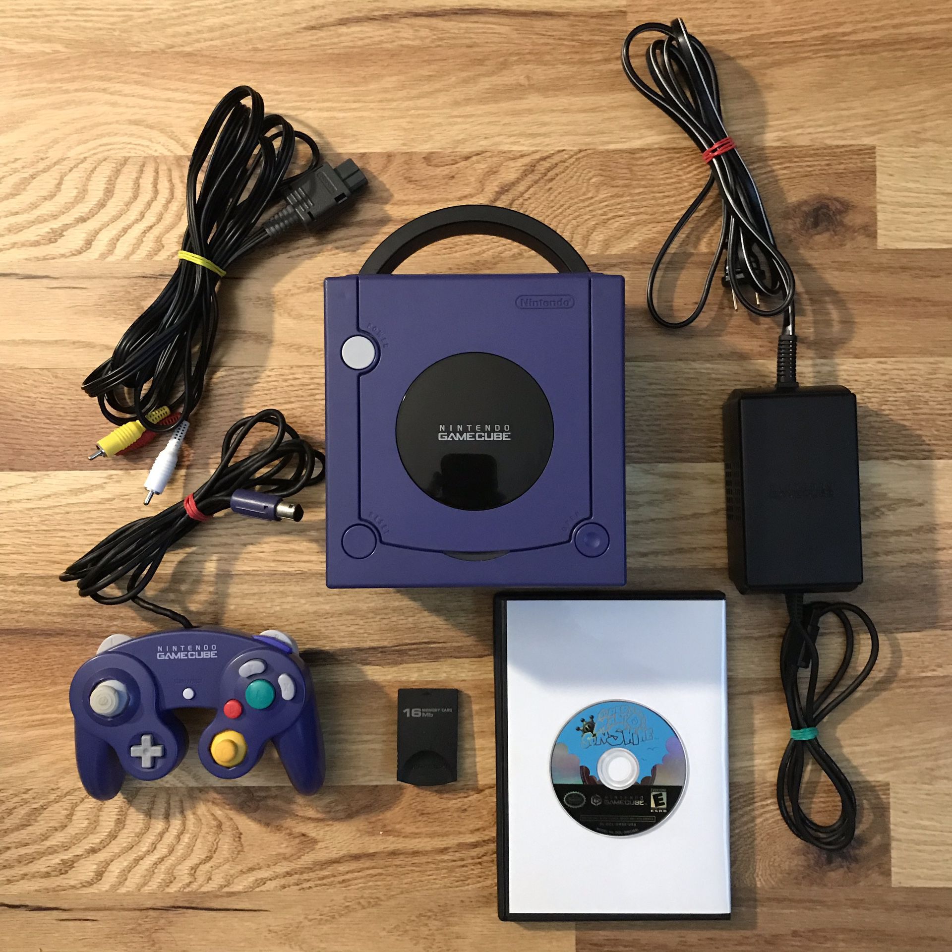 GameCube Indigo System Console Bundle With Cables, Controller, Memory Card & Super Mario Sunshine