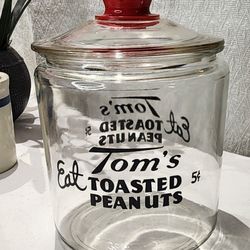 Original Vintage Eat Tom's Toasted Peanuts 5 cents Glass Jar w/ Red Embossed Knob Top