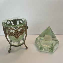 Antique green Pyramid Sculpture & Bronze Stand with Bubble Filled Glass Votive.