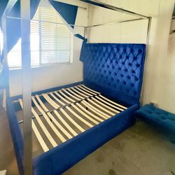 Royal Blue Tufted Queen Bed – Canopy Style (Like New!)
