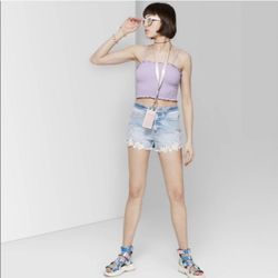 WILD FABLE Light Wash Denim High Rise Eyelet Lace Raw Hem Summer Shorts NEW