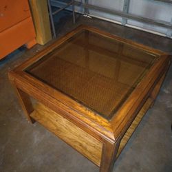 Vintage Square Shaped Cane Top Coffee Table with Inlaid Glass 