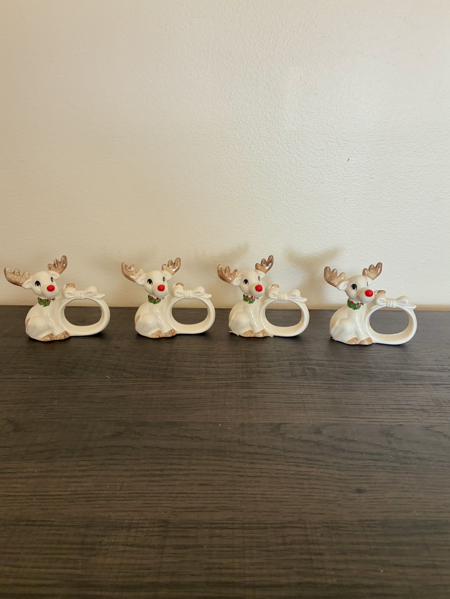 Vintage FITZ & FLOYD Christmas REINDEER Napkin Rings Hand painted JAPAN Set of 4