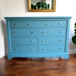 Refinished Large Modern Coastal Wood 9 Drawer Blue Dresser 