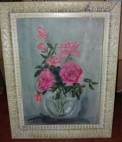Bright Pink Rose Flowers in vase Painting nicely framed Art