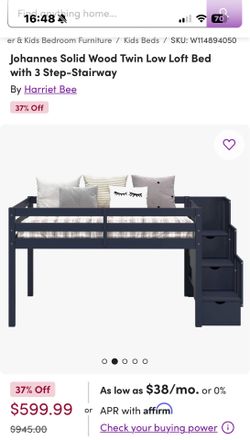 Used kids Wayfair solid wood low loft bed