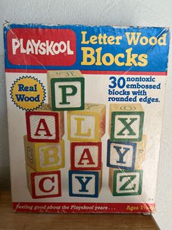 Vintage PLAYSKOOL 59 Wood Blocks Numbers, letters and colors. 2 sets