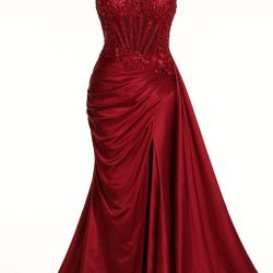 Elegant Burgundy Corset Evening Gown – 3D Lace Appliqué Dress with Draped Skirt and Train