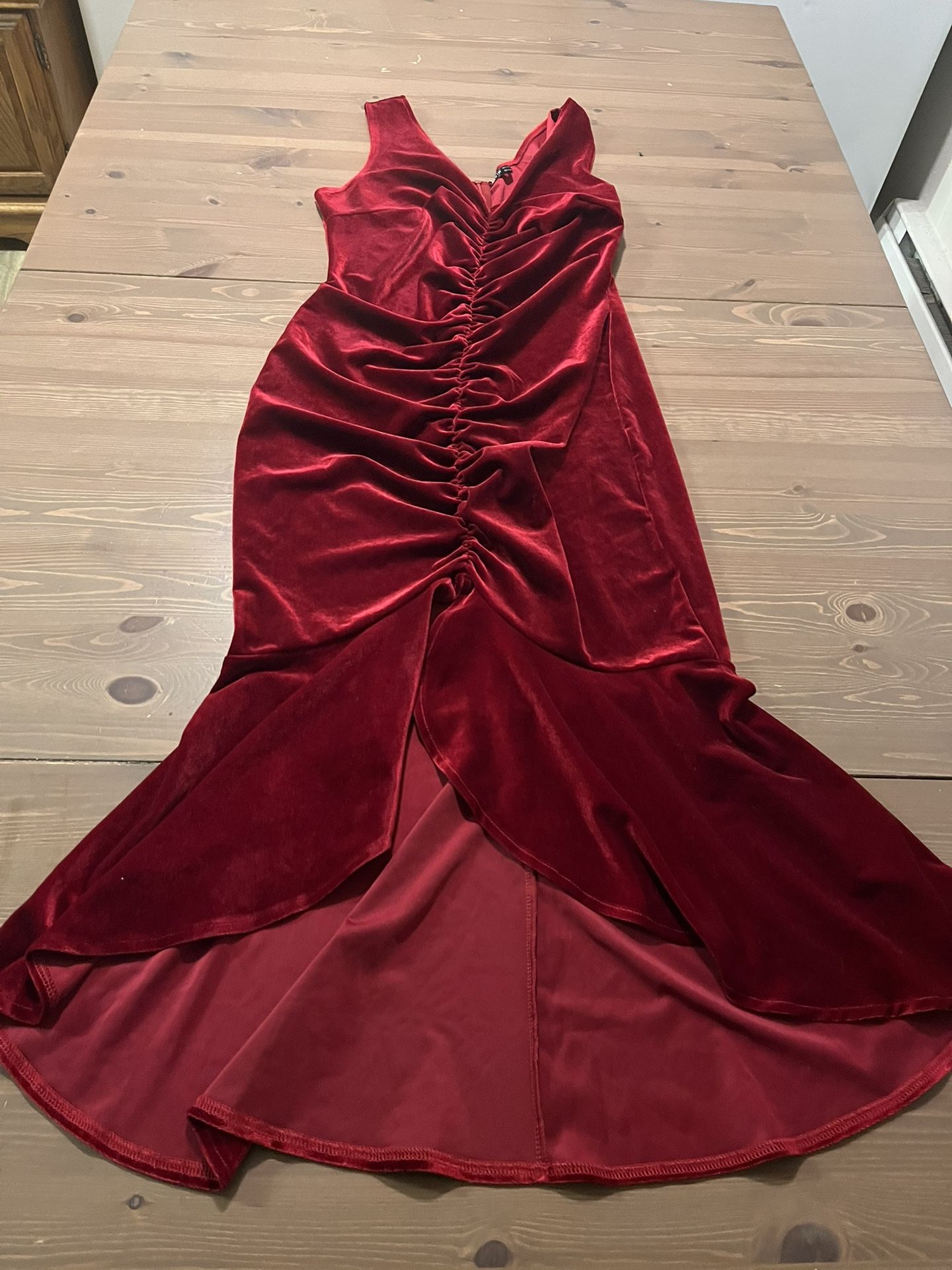 gathered velvet burgundy dress