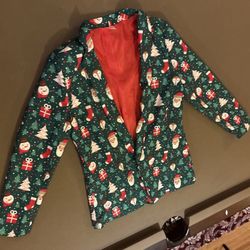 LADIES Women Green Santa Reindeer Snowman Christmas Holiday Suit Blazer Jacket 8 Emergency Party