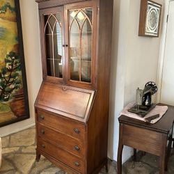 Vintage Rosewood Secretarial Desk, Dresser, Display Cabinet, Cathedral Doors $225 Obo ( Gl )