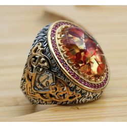 Amber Mens Ring Ottoman Ring 925 Sterling Silver Gemstone Size 10