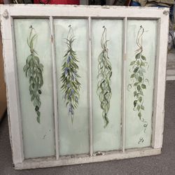  white painted window frame with hand-painted botanical art.