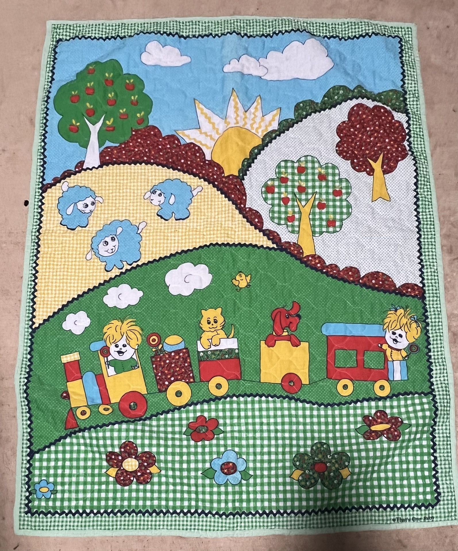 Vintage 1960's-70's Baby Quilt / Blanket Train 44" X 35.5"