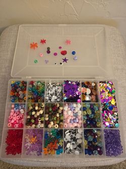 New box of new assorted beads,sequins, Google eyes etc