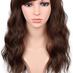 Brown Wavy Wigs For Women Synthetic Brown Wigs With Bangs Daily Use Wigs 16 Inch(Ombre Brown) Color - Ombre Brown Material - Human Hair,