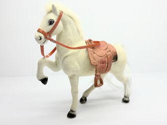 Vintage Velvet Flocked White Horse Plastic Toy 9” X 7.5” w/ Saddle