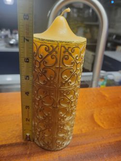 Beeswax Pillar Candle Embossed Regal Scroll

