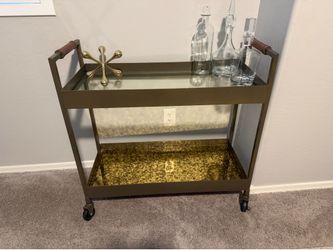 Brass antique glass bar cart with leather handles