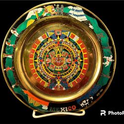 Vintage Brass Enamel Aztec Mayan Calendar Wall Hanging Plate 11" w/Hanger Mexico