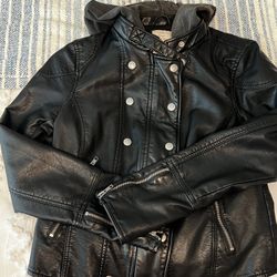 Black Free People Leather Coat W/hood